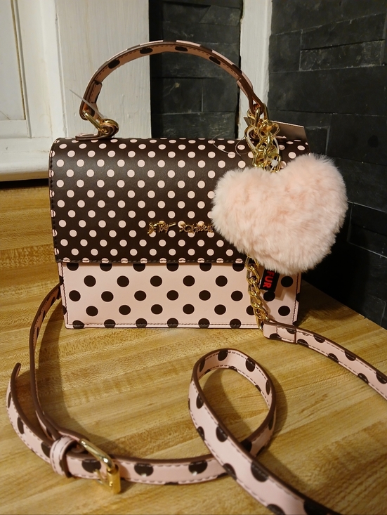 Betsey Johnson Handbags - Betsey Johnson NWT Pink & Brown Polka Dot Mini Tote/Crossbody & Fluffy Bag Charm